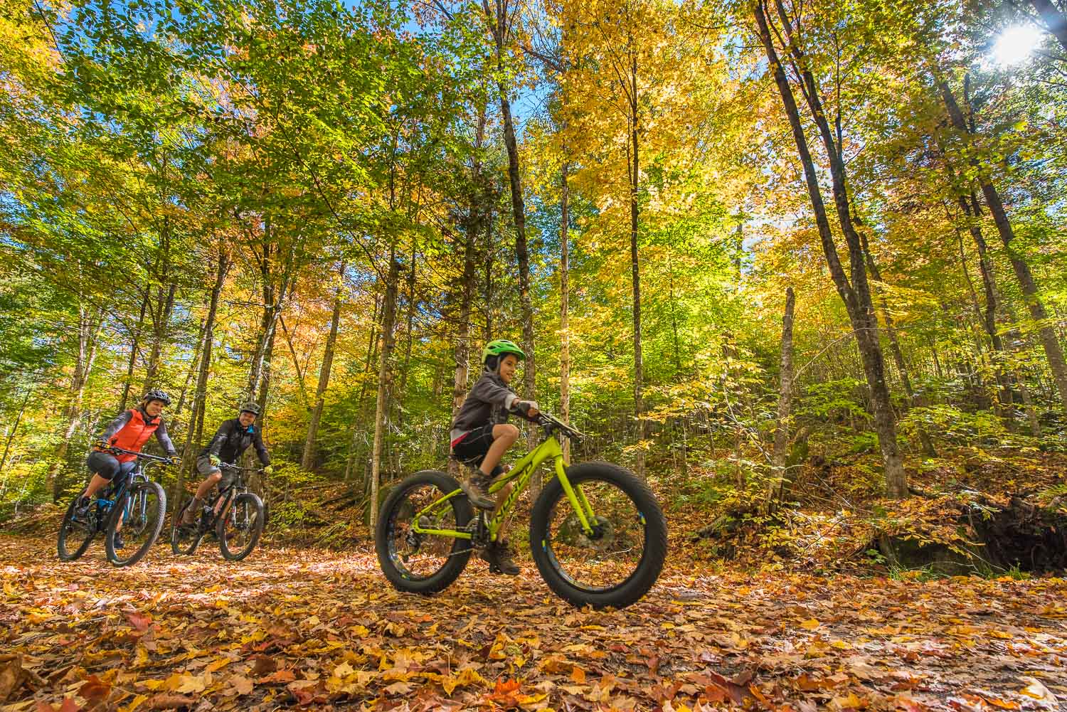 Une famille en vélo de montagne en automne dans les sentiers
