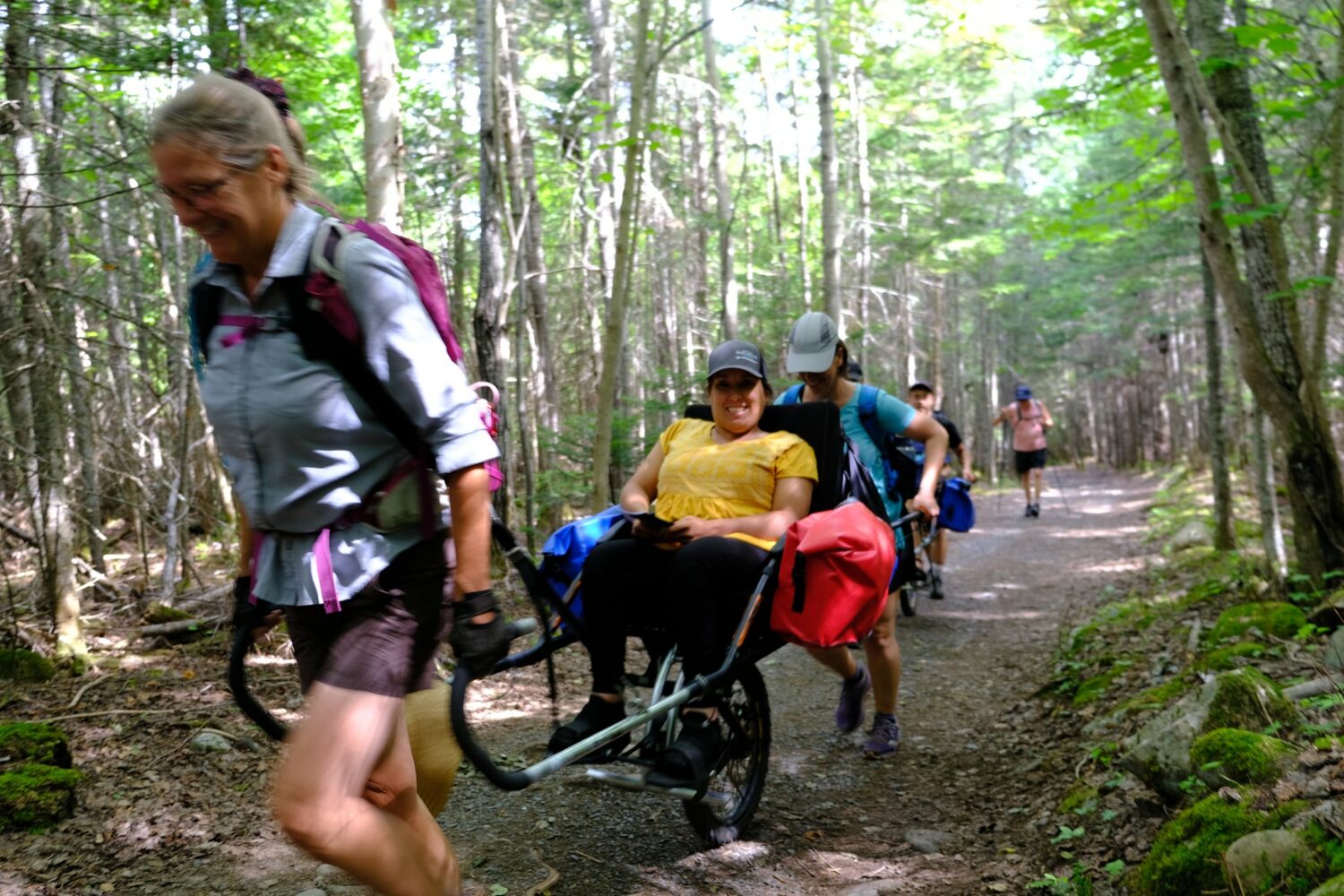 Randonnée en forêt de plusieurs personnes incluant une personne avec une chaise roulante adapté à la randonnée et 2 autres personnes qui tiennent cette chaise.