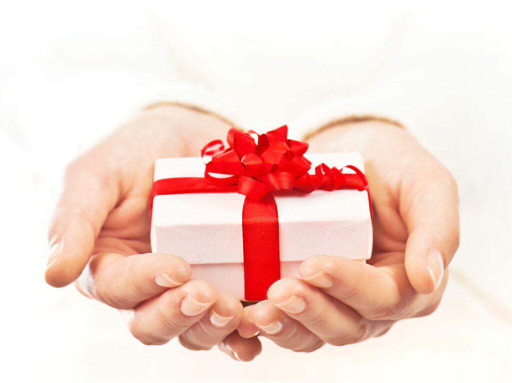 Hands holding beautiful gift box, female giving gift, christmas holidays and greeting season concept, shallow dof