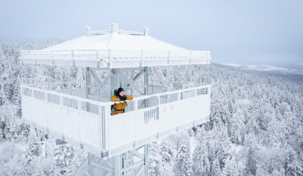 Un homme sur un belvédère admire la vue d'un paysage hivernal