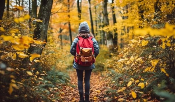 forest-hike-trail-hiker-woman-walking-autumn-fall-generative-ai
